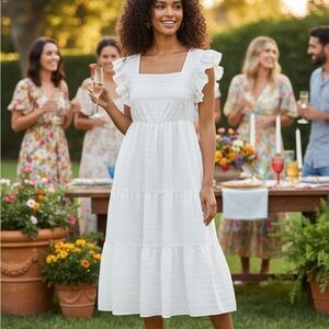 • White Midi Dress • Ruffle Sleeves •